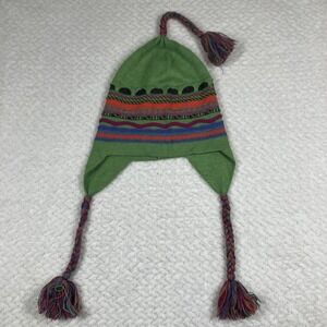 Peruvian Baby Alpaca Wool Hat Knitted Green Ear Flap Tassled